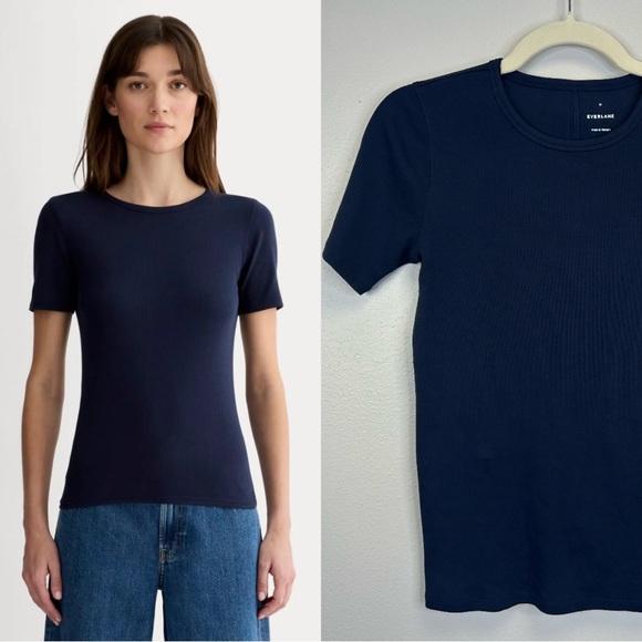 Everlane Tops - Everlane M Navy Ribbed Short Sleeve Tee Casual Supima Cotton Preppy Quiet Luxury